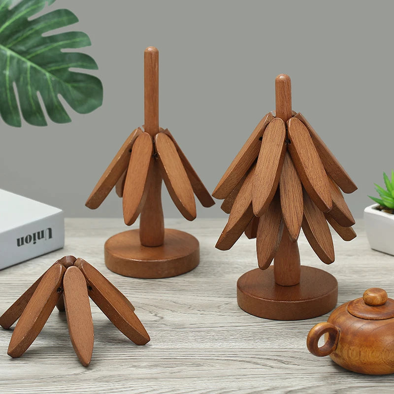 4PCS Bamboo Wooden Trivets – Tree Design Heat-Resistant Table Mats