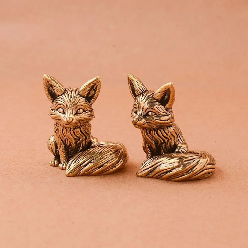 Brass Fox Statue – Miniature Copper Animal Figurine for Desk or Home Decor