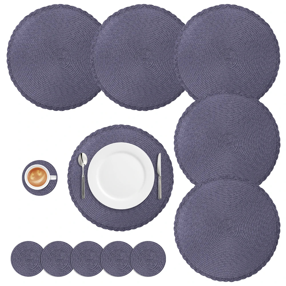 Set of 6 Round Braided Placemats – 34cm Washable Woven Heat-Resistant Table Mats