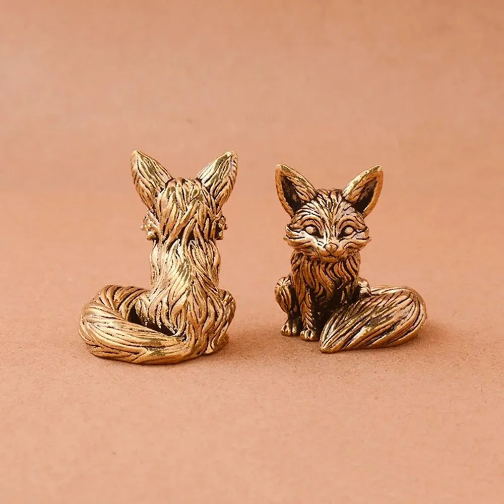 Brass Fox Statue – Miniature Copper Animal Figurine for Desk or Home Decor