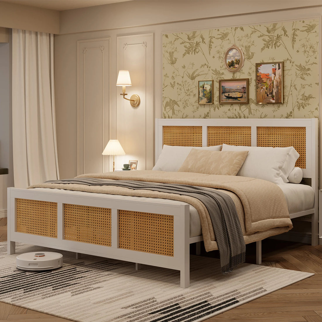 Queen Size Bohemian Rattan Platform Bed Frame with Headboard – Metal Slats, No Box Spring Needed