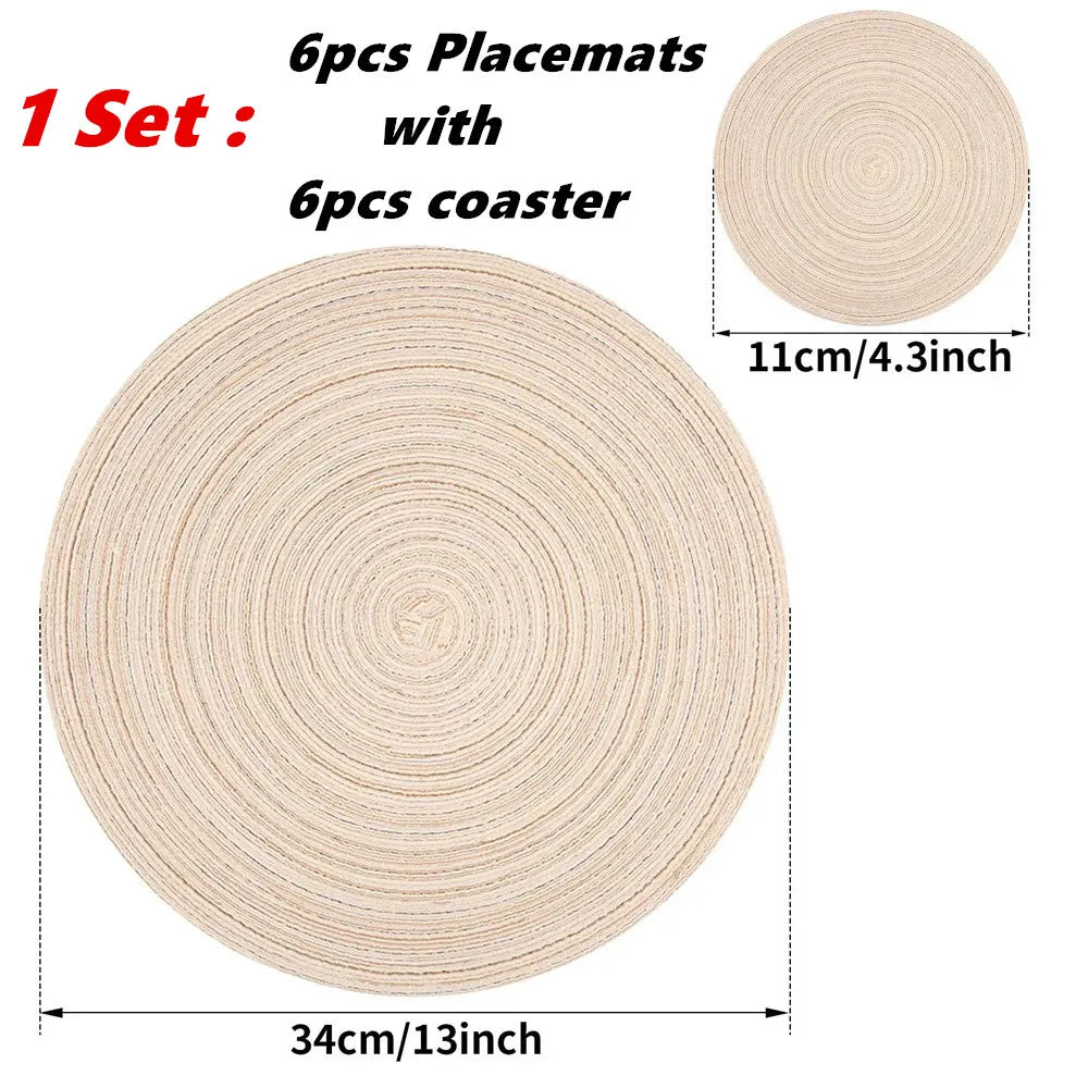 Set of 6 Round Braided Placemats – 34cm Washable Woven Heat-Resistant Table Mats
