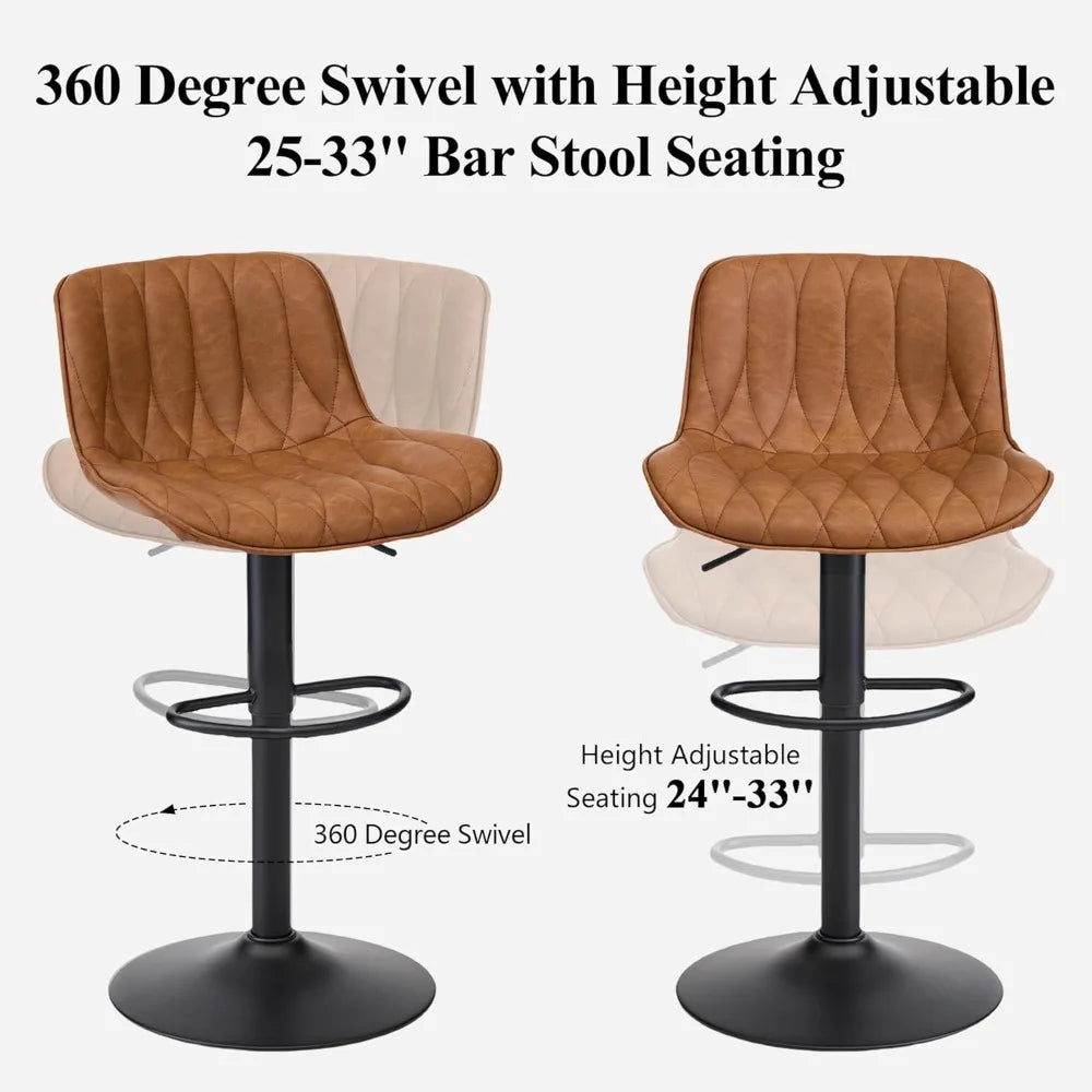 Set of 3 Modern Swivel Bar Stools – Adjustable Height, Brown Faux Leather