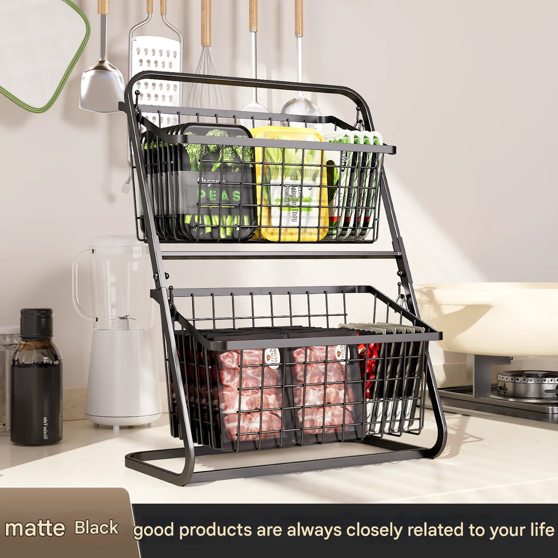 Black Multi-Layer Kitchen Vegetable & Fruit Storage Rack – Floor-to-Ceiling Organizer