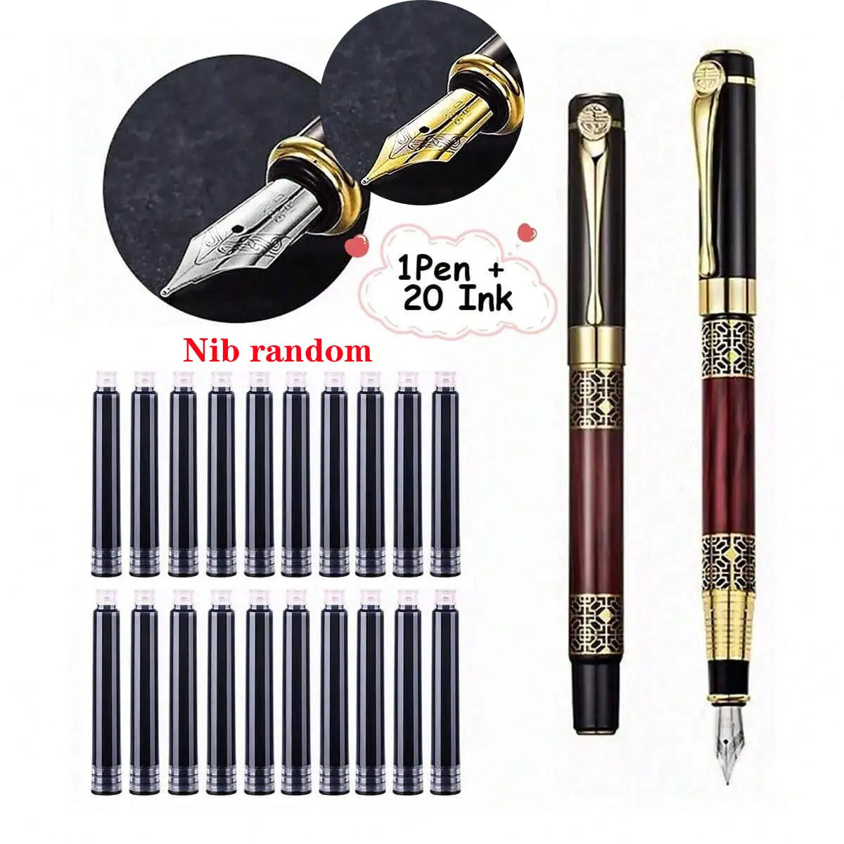 Retro Metal Fountain Pen with Replaceable Ink – Elegant Writing Gift (1–100pcs Set)