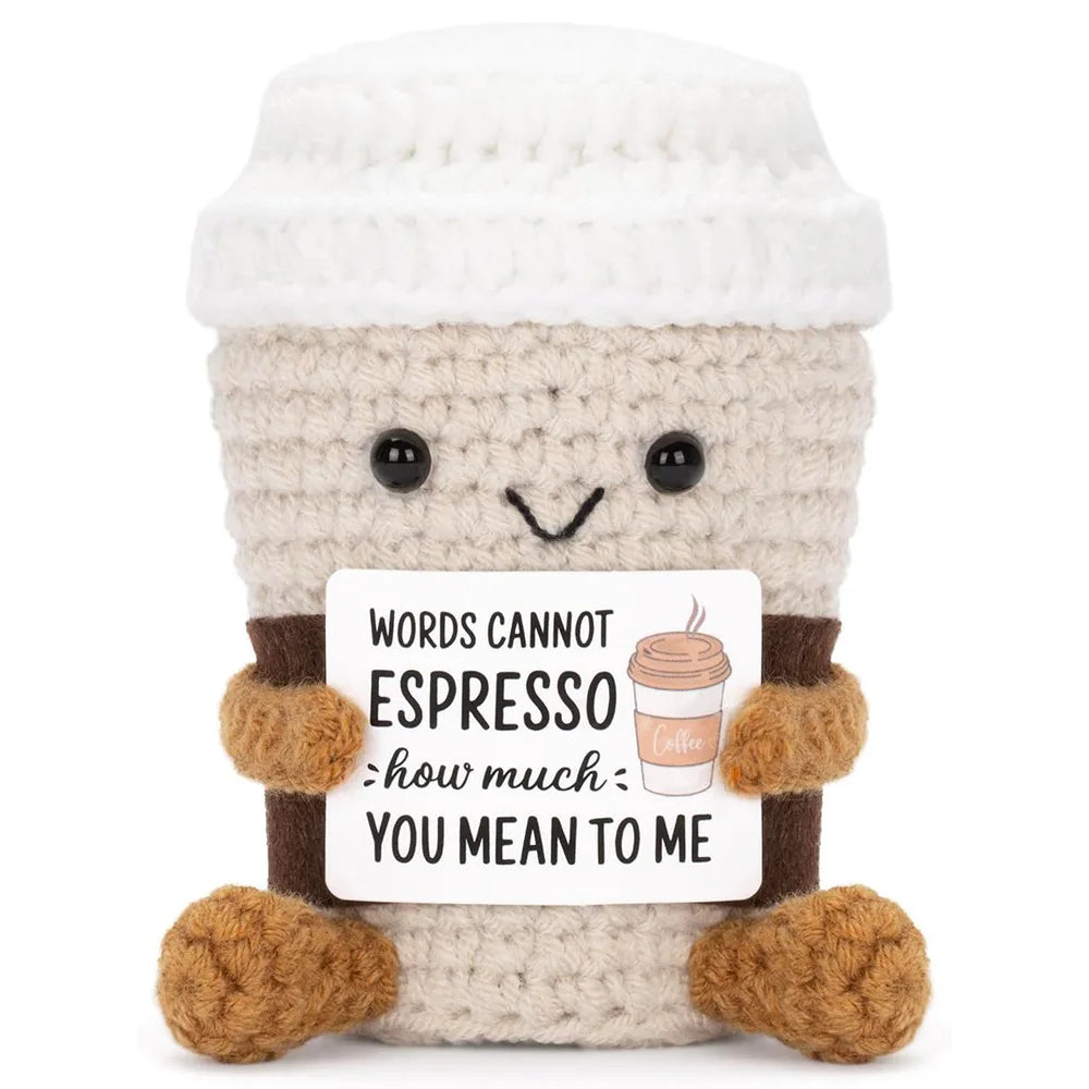 Handmade Crochet Emotional Support Coffee Doll – Funny Desktop Ornament & Gift