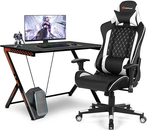 Gaming Desk & Chair Combo – Racing Style Workstation with Ergonomic High-Back Chair, Massage Lumbar Support & Headrest