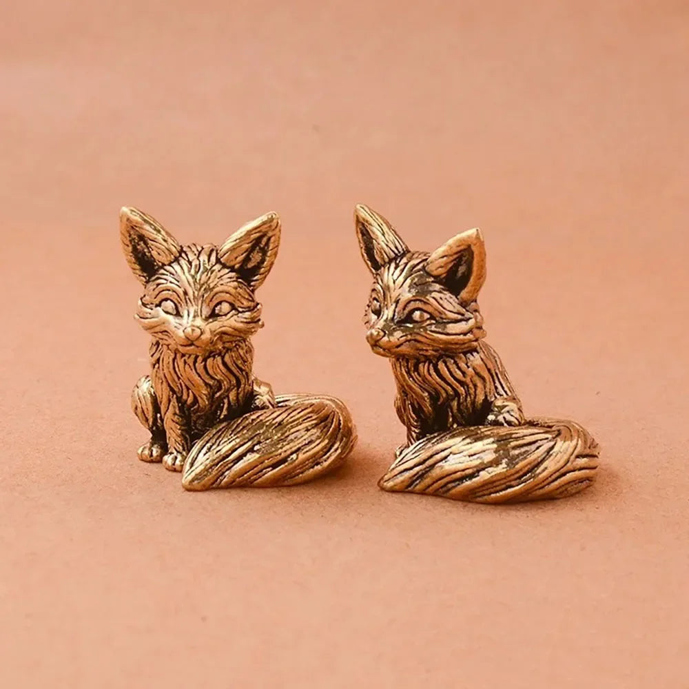 Brass Fox Statue – Miniature Copper Animal Figurine for Desk or Home Decor