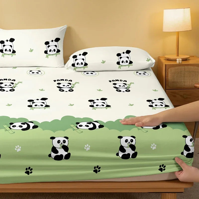 1pc Cute Panda & Flower Print Matte Fitted Sheet – Bedroom Bed Cover (No Pillowcases)