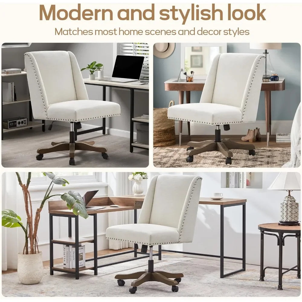 Armless Office Chair with Wooden Legs – Modern Adjustable Swivel Desk Chair for Home, Study, or Sewing