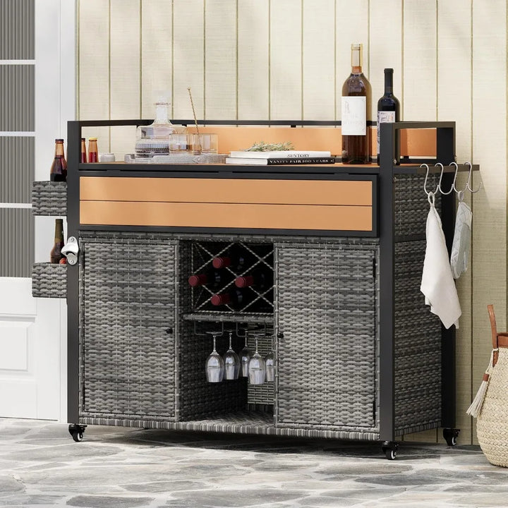 52.8" Wicker Outdoor Grill Cart with Storage & Rolling Tabletop