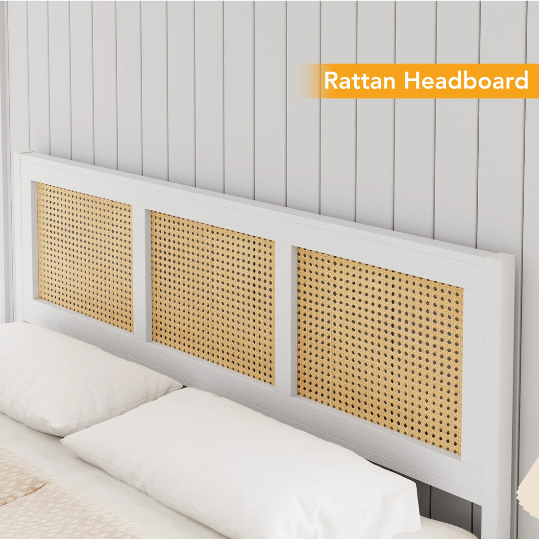 Queen Size Bohemian Rattan Platform Bed Frame with Headboard – Metal Slats, No Box Spring Needed