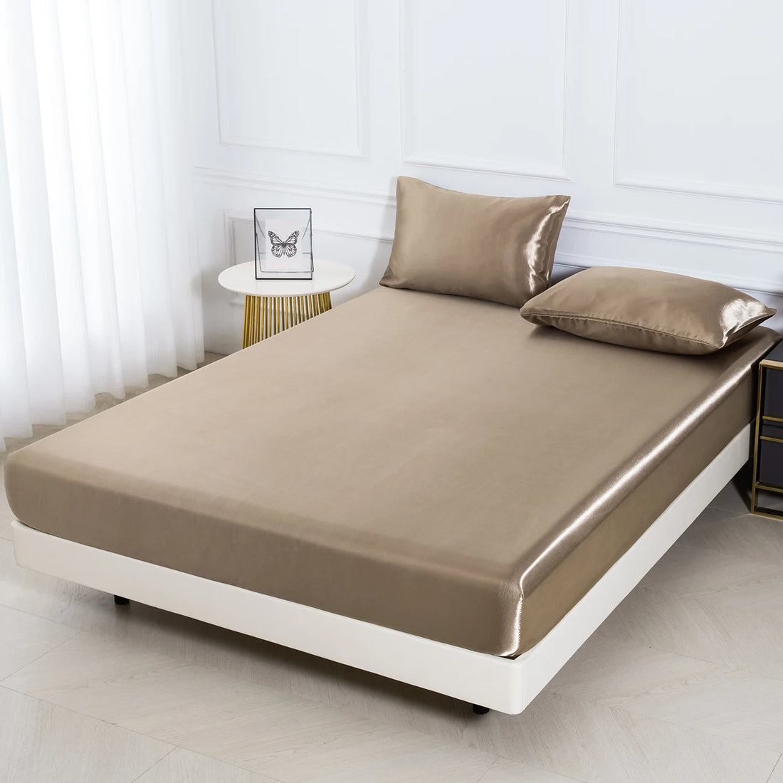 3PC Satin Fitted Sheet Set with Pillow Covers