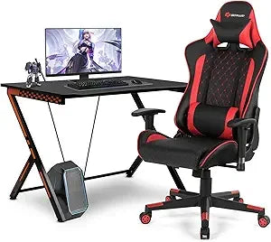 Gaming Desk & Chair Combo – Racing Style Workstation with Ergonomic High-Back Chair, Massage Lumbar Support & Headrest