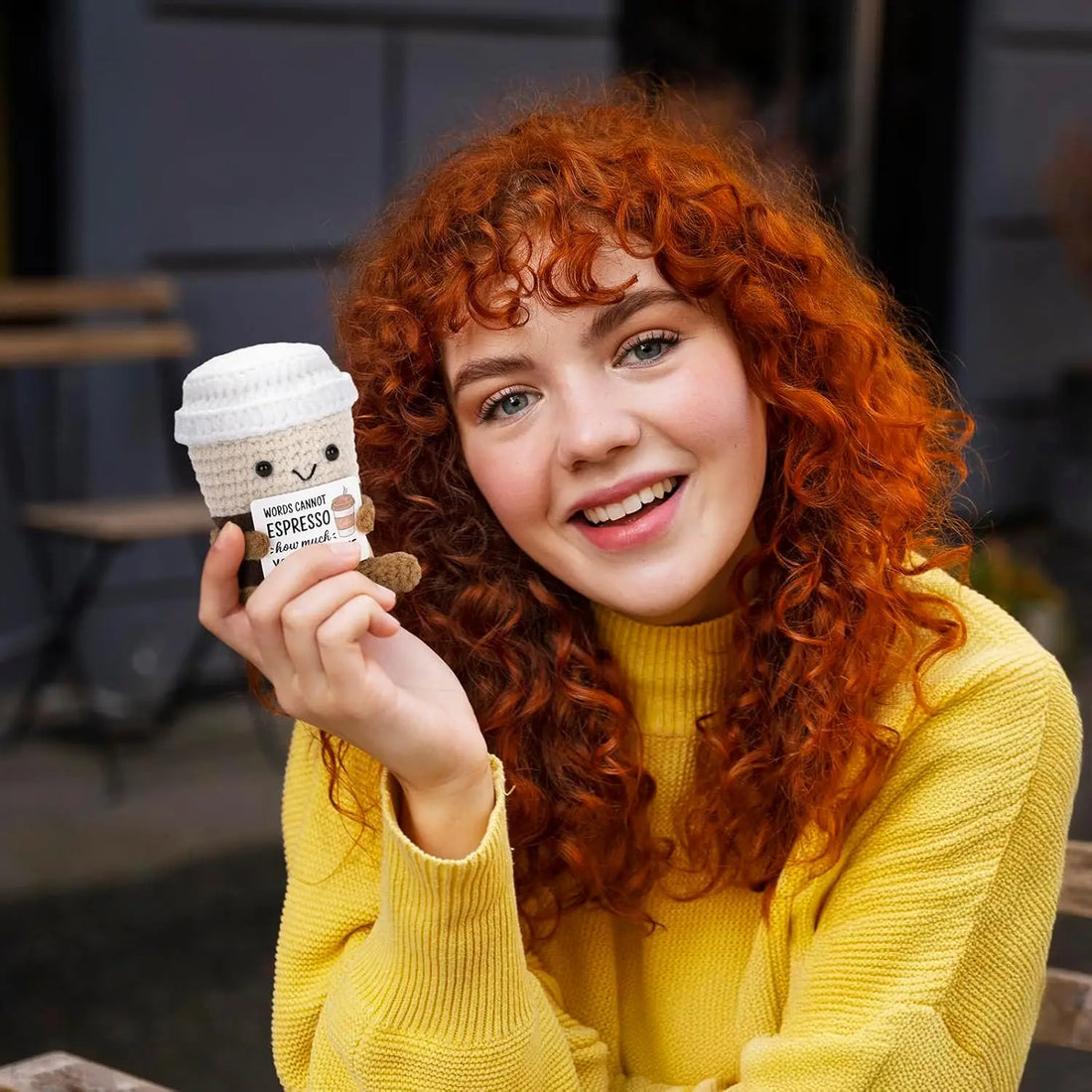 Handmade Crochet Emotional Support Coffee Doll – Funny Desktop Ornament & Gift