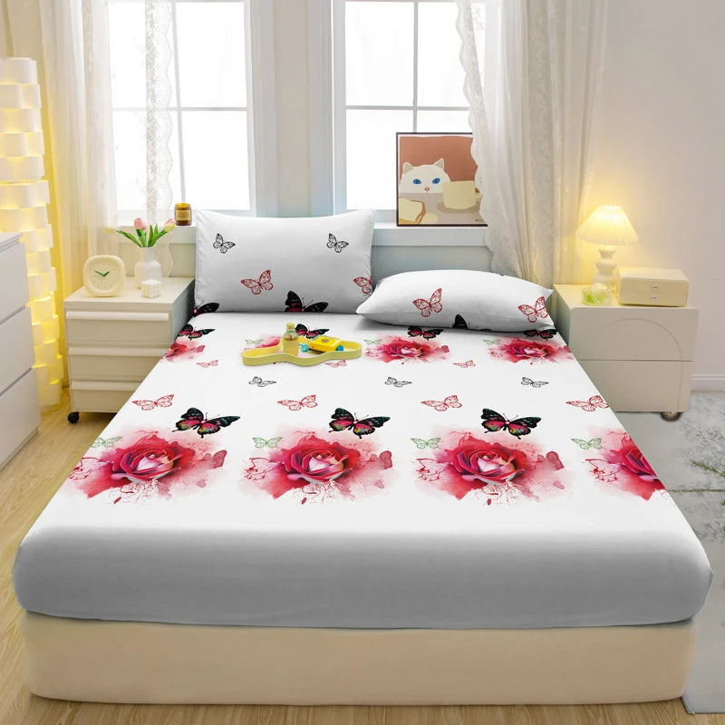 Modern Plant & Butterfly Printed Fitted Sheet – Matte Bed Cover (No Pillowcases)