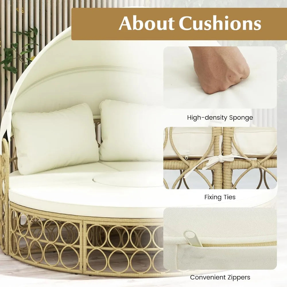 Round Wicker Outdoor Daybed with Canopy & Cushions