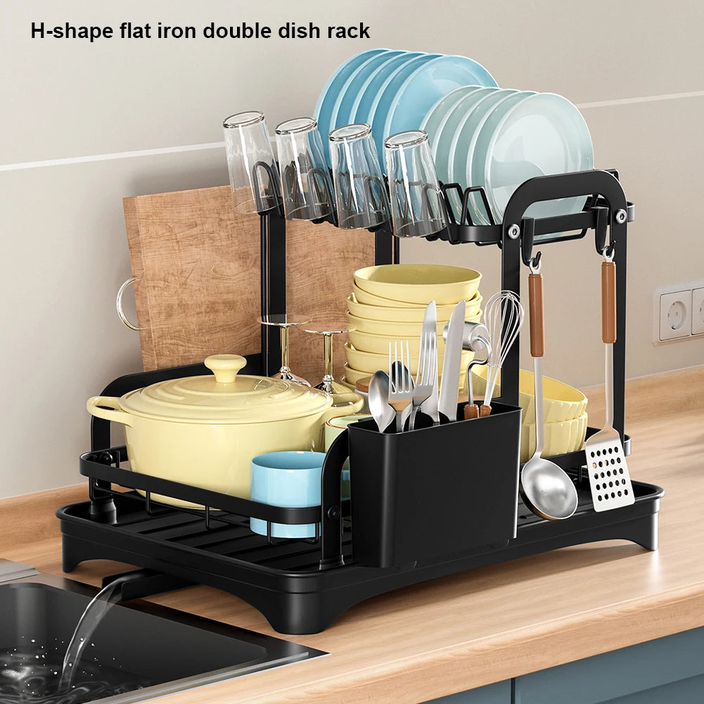 360° Rotating Double-Layer Kitchen Tableware Drying Rack