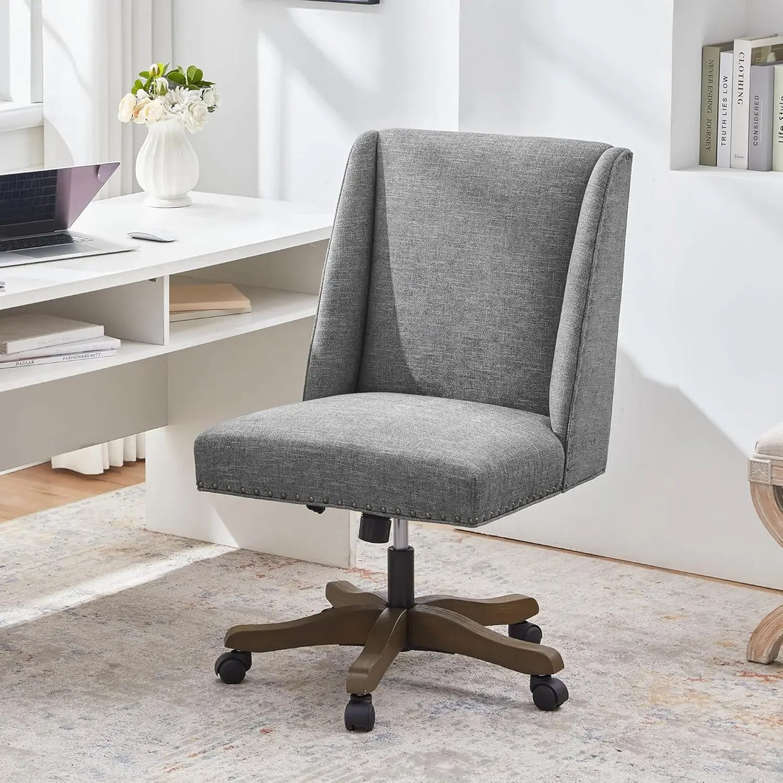 Armless Office Chair with Wooden Legs – Modern Adjustable Swivel Desk Chair for Home, Study, or Sewing