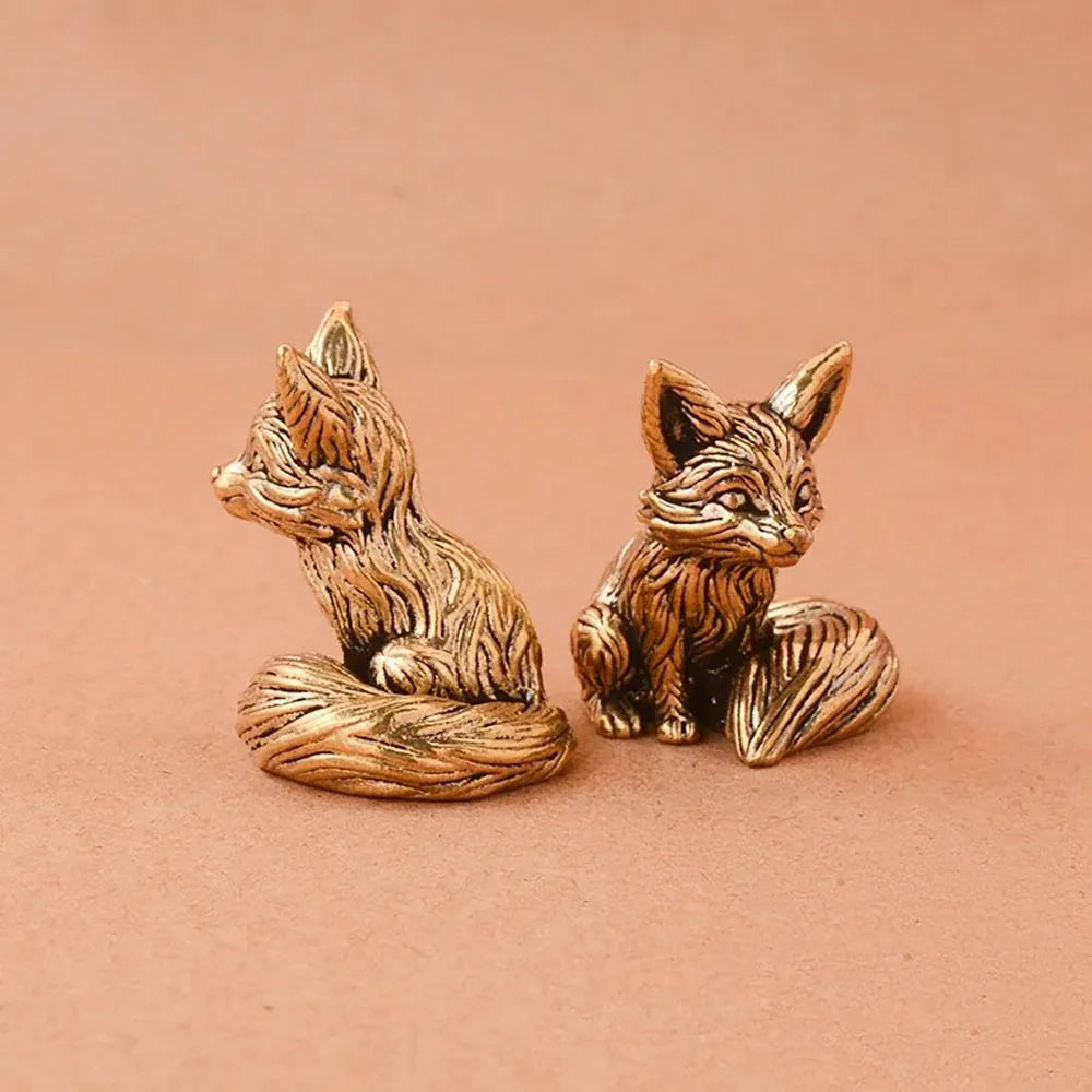 Brass Fox Statue – Miniature Copper Animal Figurine for Desk or Home Decor