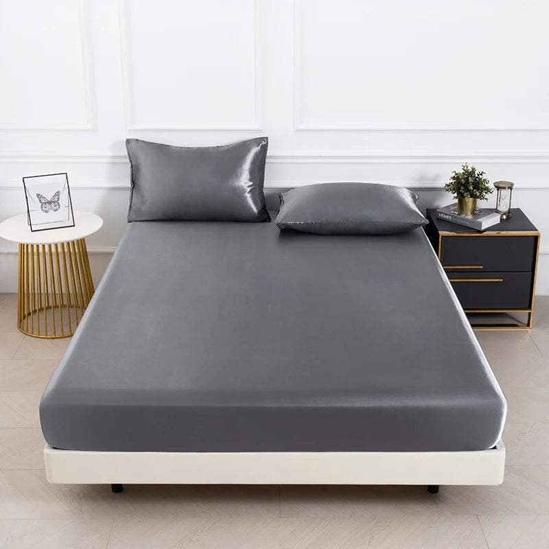 3PC Satin Fitted Sheet Set with Pillow Covers