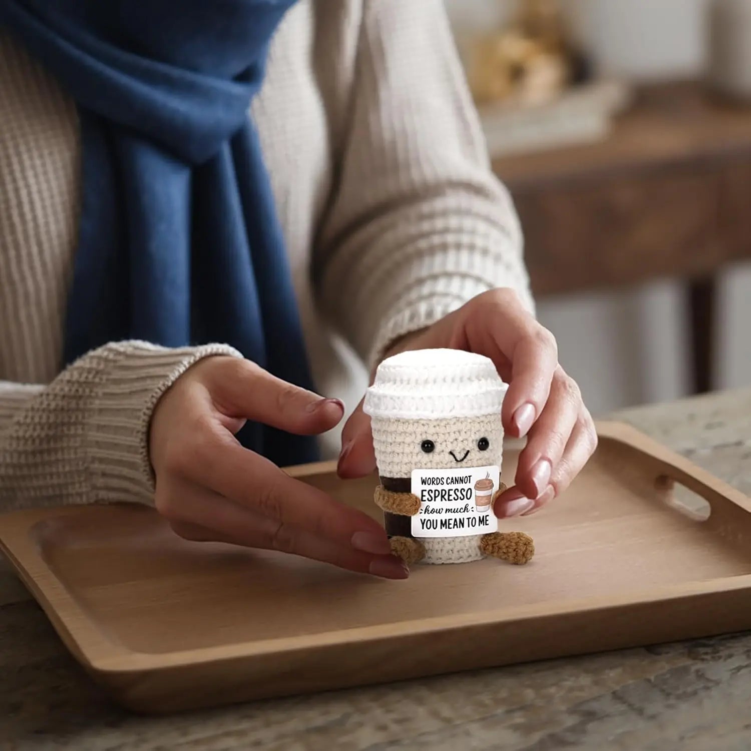 Handmade Crochet Emotional Support Coffee Doll – Funny Desktop Ornament & Gift