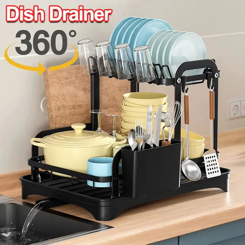 360° Rotating Double-Layer Kitchen Tableware Drying Rack