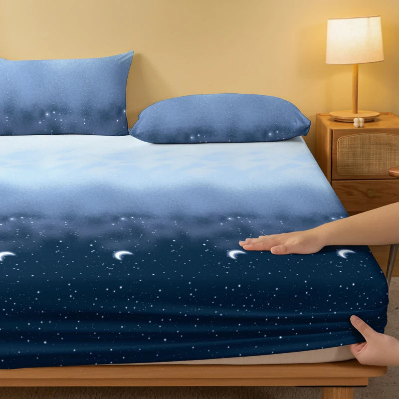 Starry Sky Printed Matte Fitted Sheet – Modern Bedroom Bedding (No Pillowcases)