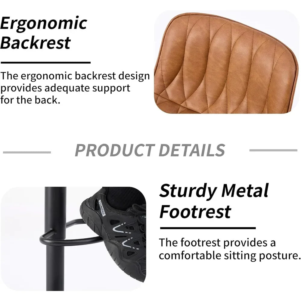 Set of 3 Modern Swivel Bar Stools – Adjustable Height, Brown Faux Leather