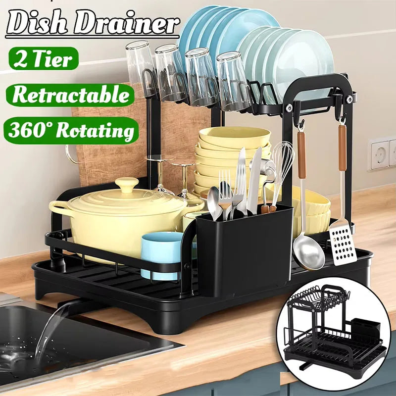 360° Rotating Double-Layer Kitchen Tableware Drying Rack