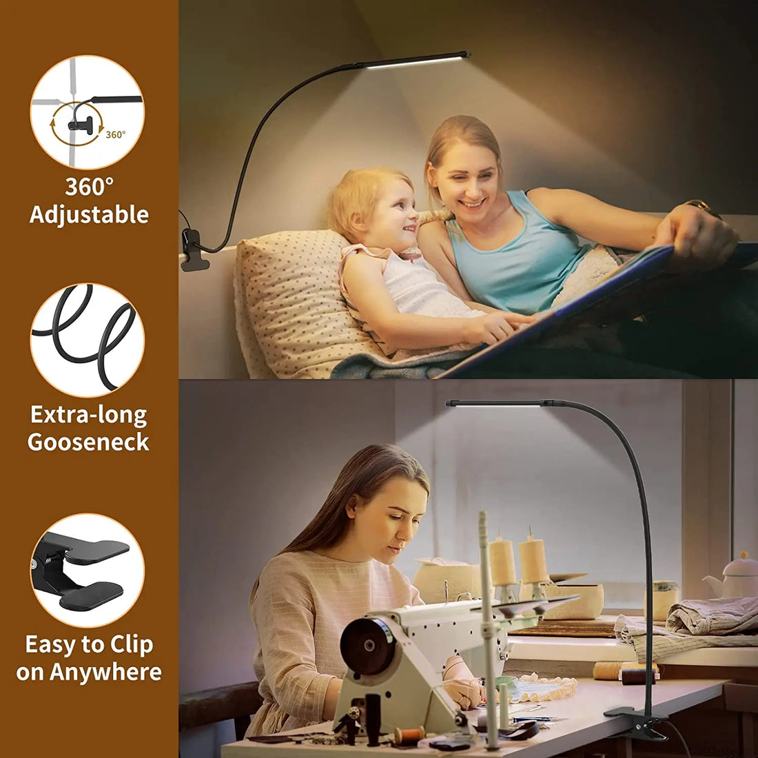 10W LED Clamp Desk Lamp – Dimmable Clip-On Reading Light with 3 Modes & 10 Brightness Levels, USB
