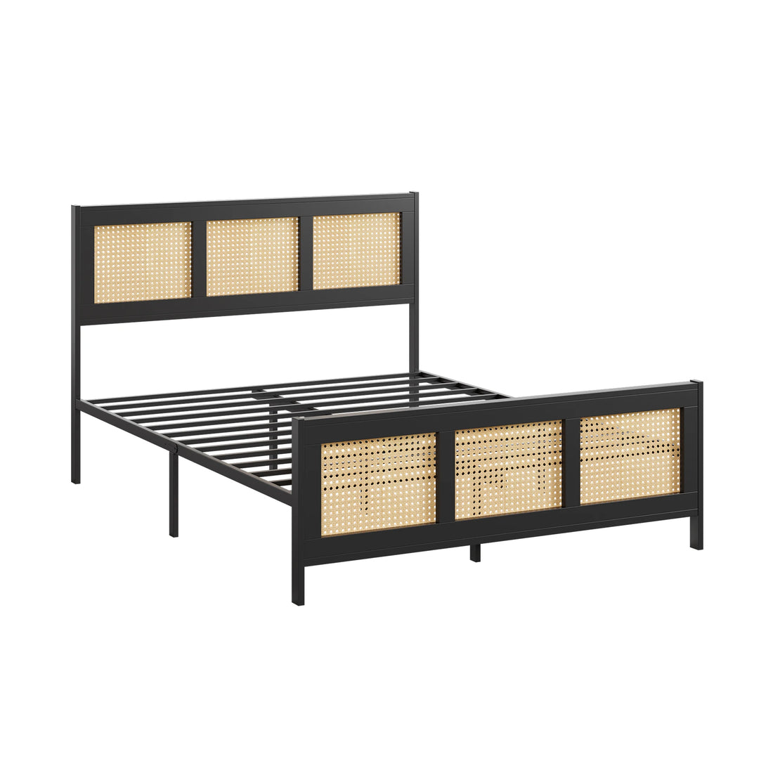 Queen Size Bohemian Rattan Platform Bed Frame with Headboard – Metal Slats, No Box Spring Needed