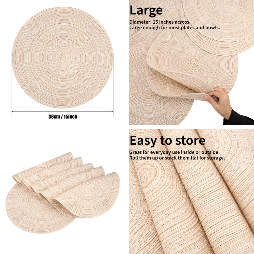 Set of 6 Round Braided Placemats – 34cm Washable Woven Heat-Resistant Table Mats
