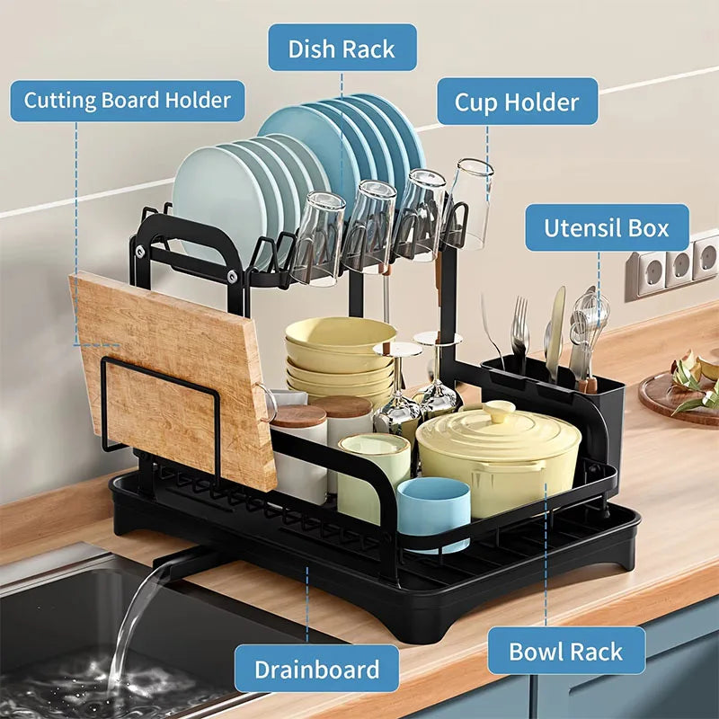 360° Rotating Double-Layer Kitchen Tableware Drying Rack