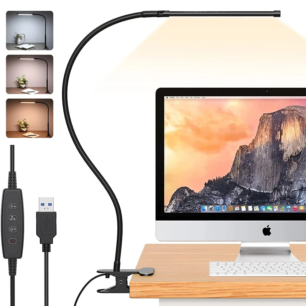 10W LED Clamp Desk Lamp – Dimmable Clip-On Reading Light with 3 Modes & 10 Brightness Levels, USB