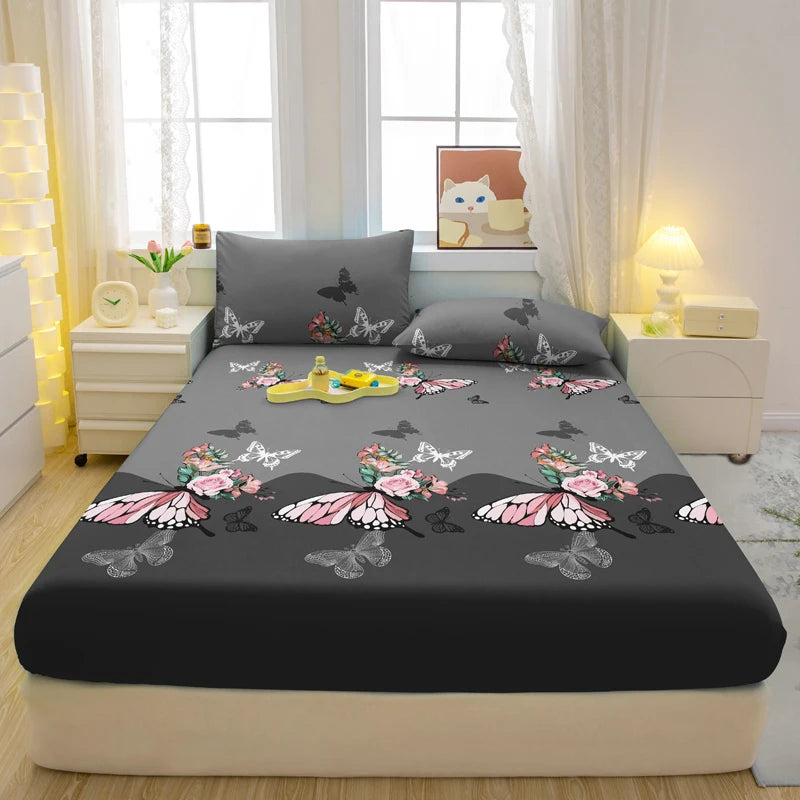 Modern Plant & Butterfly Printed Fitted Sheet – Matte Bed Cover (No Pillowcases)