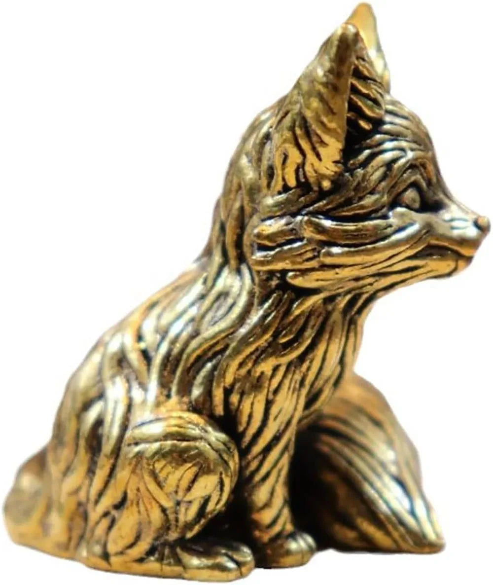 Brass Fox Statue – Miniature Copper Animal Figurine for Desk or Home Decor