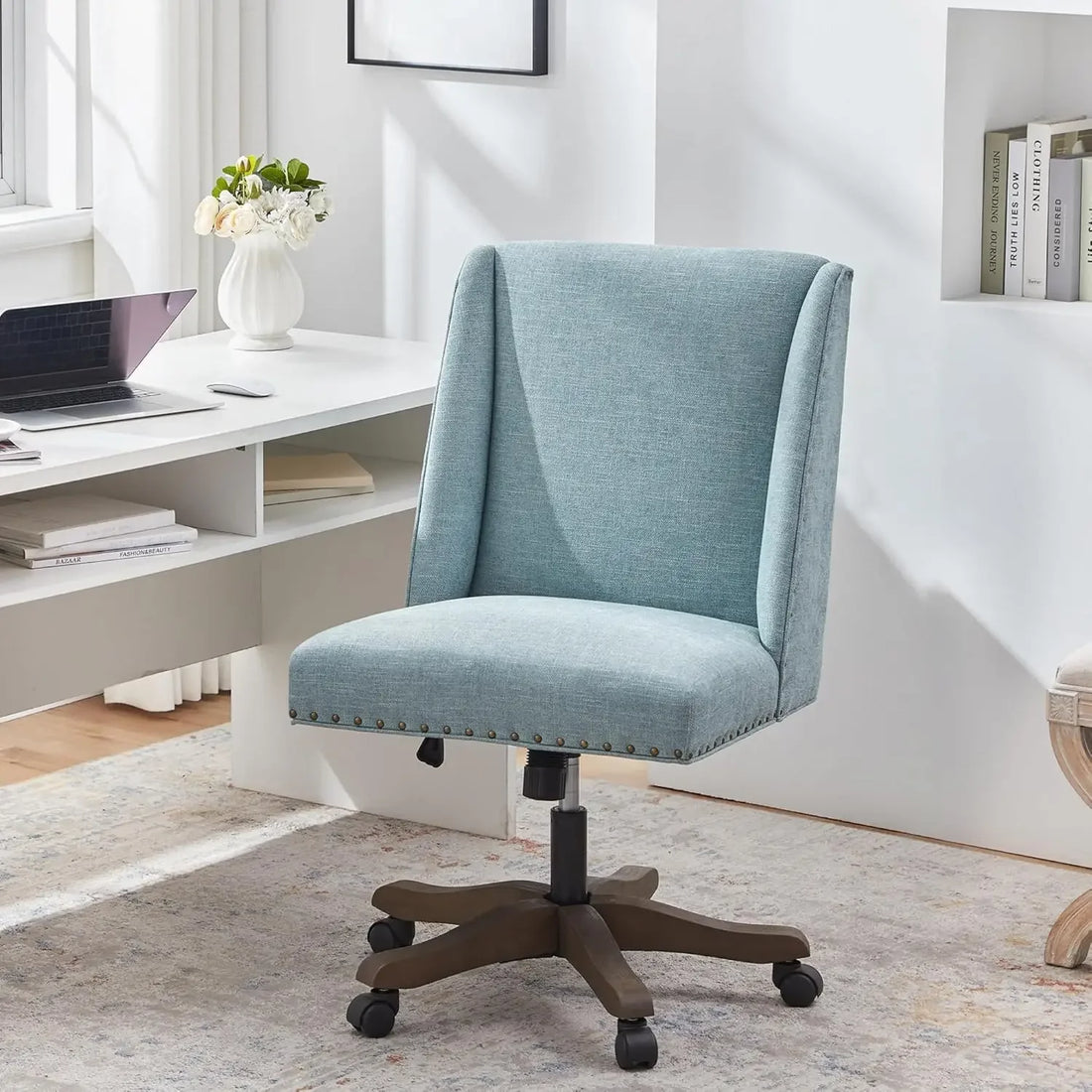 Armless Office Chair with Wooden Legs – Modern Adjustable Swivel Desk Chair for Home, Study, or Sewing