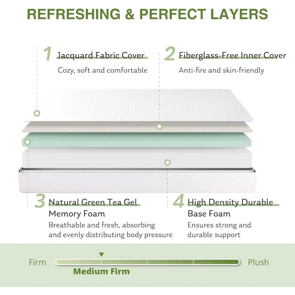 8" Cooling Green Tea Gel Memory Foam Mattress – Medium Firm Support
