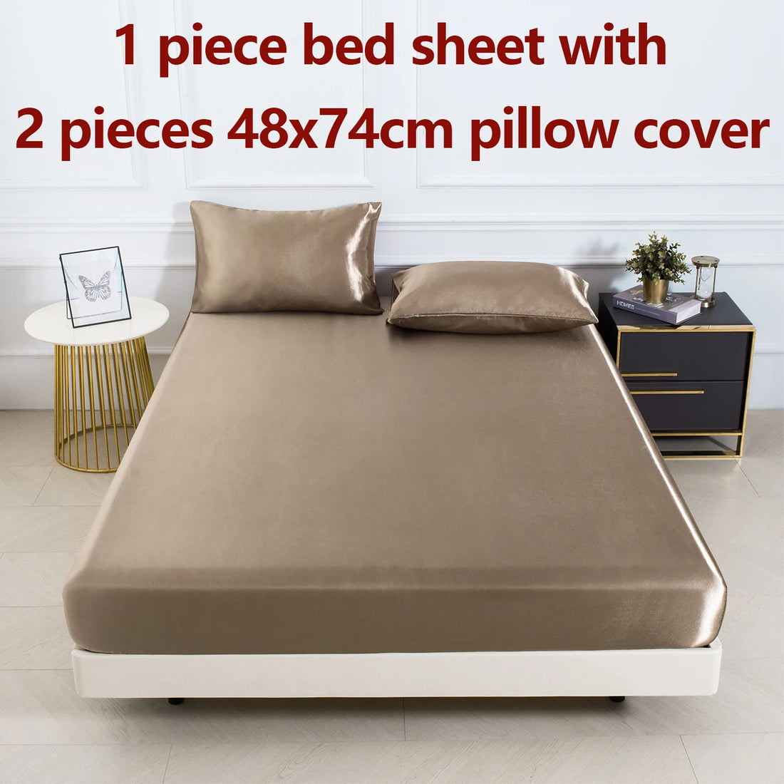 3PC Satin Fitted Sheet Set with Pillow Covers