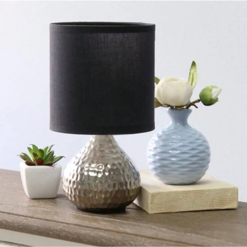 Silver & Black Hammered Drip Mini Table Lamp – 9.25" Bedside/Bedroom Accent Light