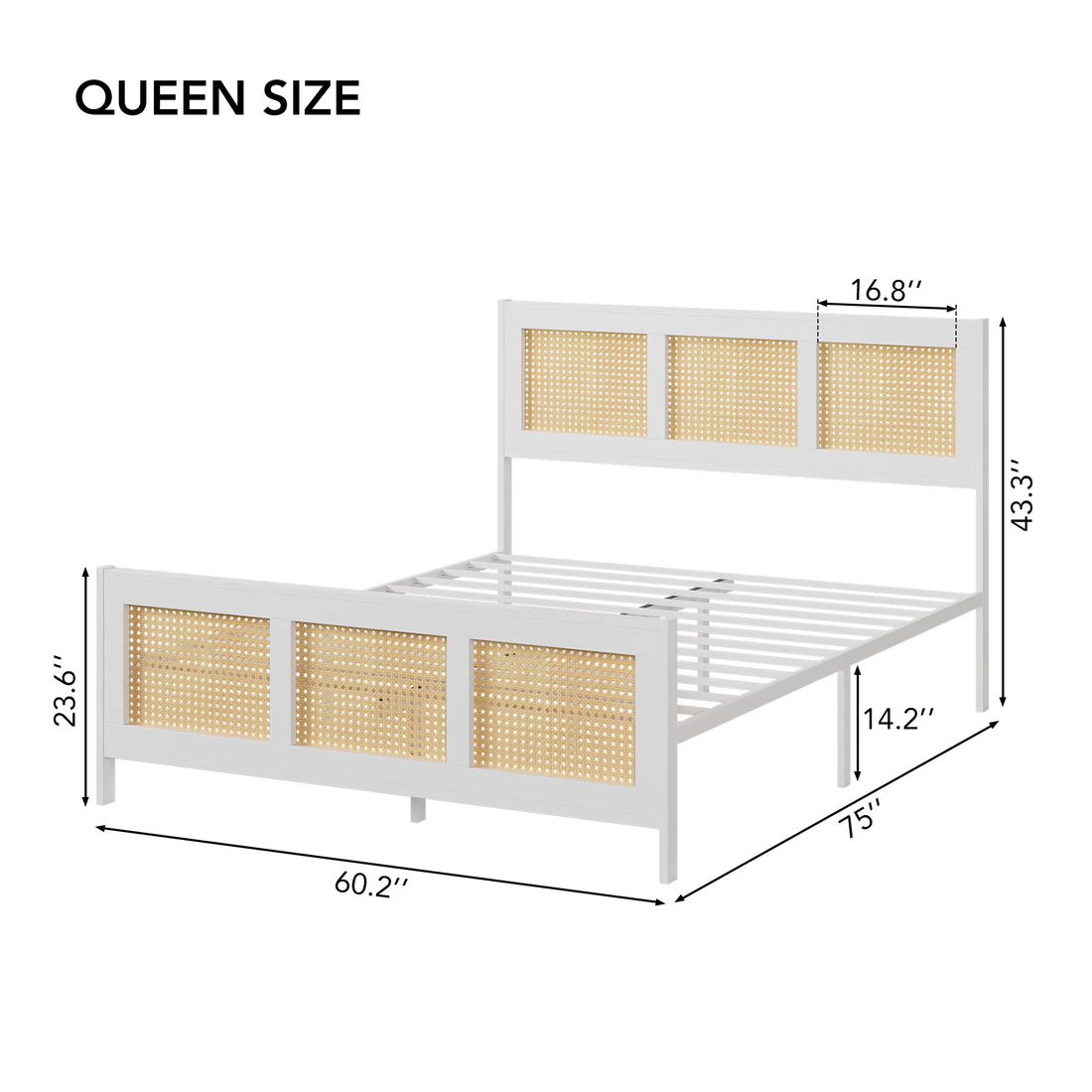 Queen Size Bohemian Rattan Platform Bed Frame with Headboard – Metal Slats, No Box Spring Needed