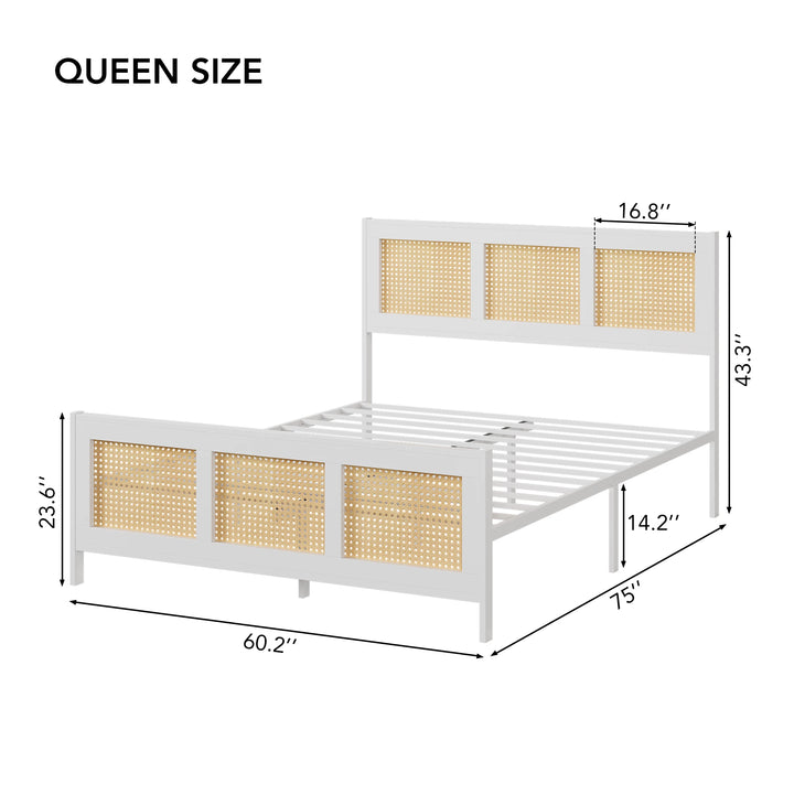 Queen Size Bohemian Rattan Platform Bed Frame with Headboard – Metal Slats, No Box Spring Needed