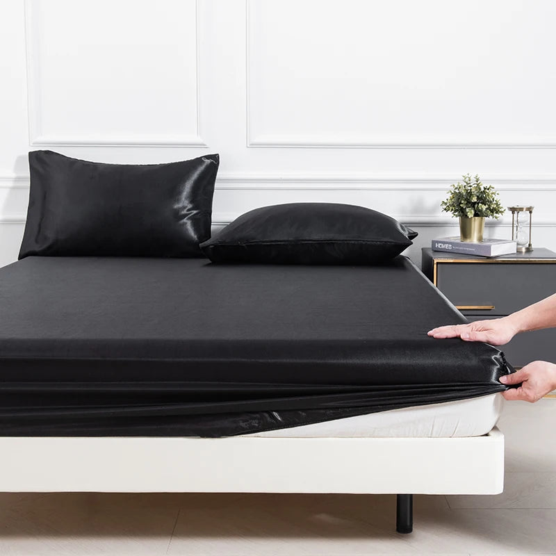3PC Satin Fitted Sheet Set with Pillow Covers