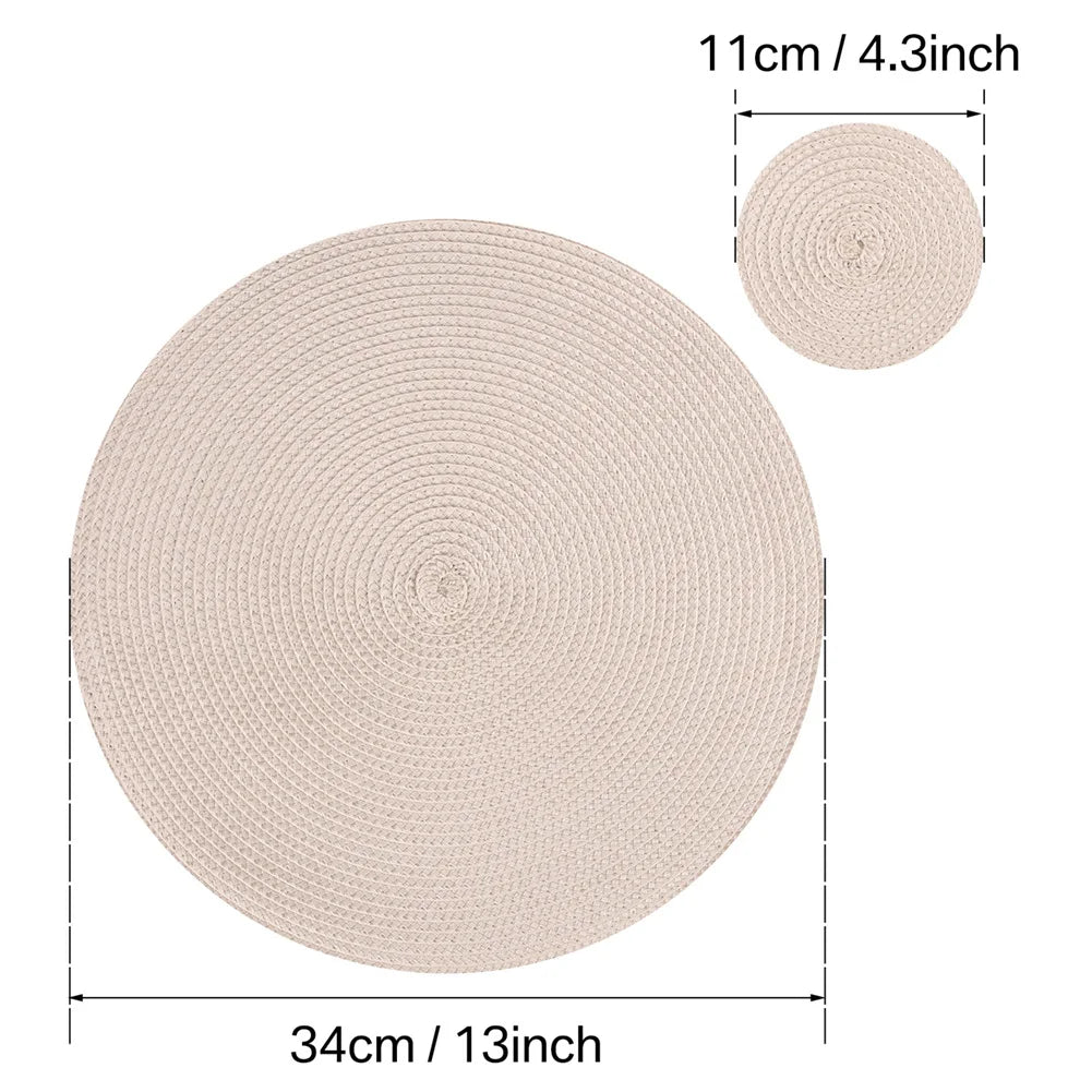 Set of 6 Round Braided Placemats – 34cm Washable Woven Heat-Resistant Table Mats