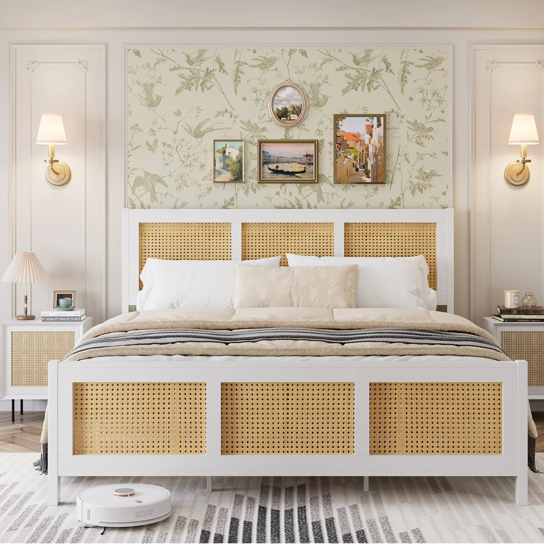 Queen Size Bohemian Rattan Platform Bed Frame with Headboard – Metal Slats, No Box Spring Needed