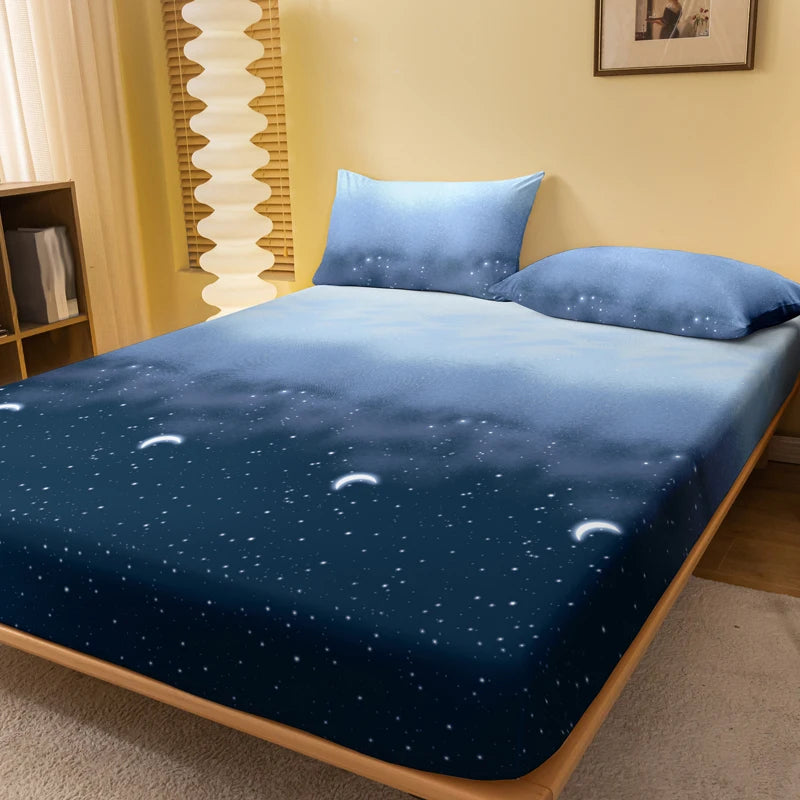 Starry Sky Printed Matte Fitted Sheet – Modern Bedroom Bedding (No Pillowcases)
