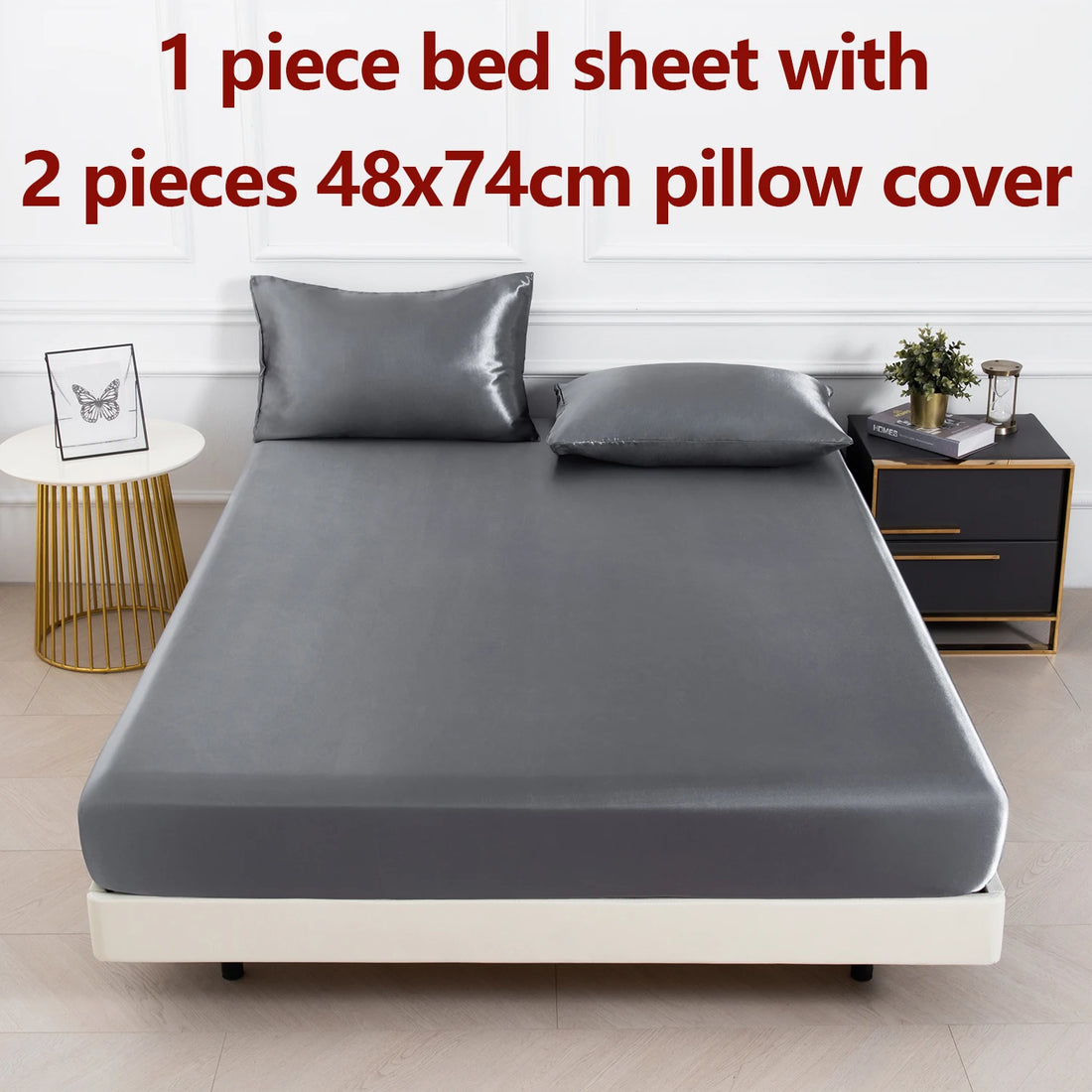 3PC Satin Fitted Sheet Set with Pillow Covers