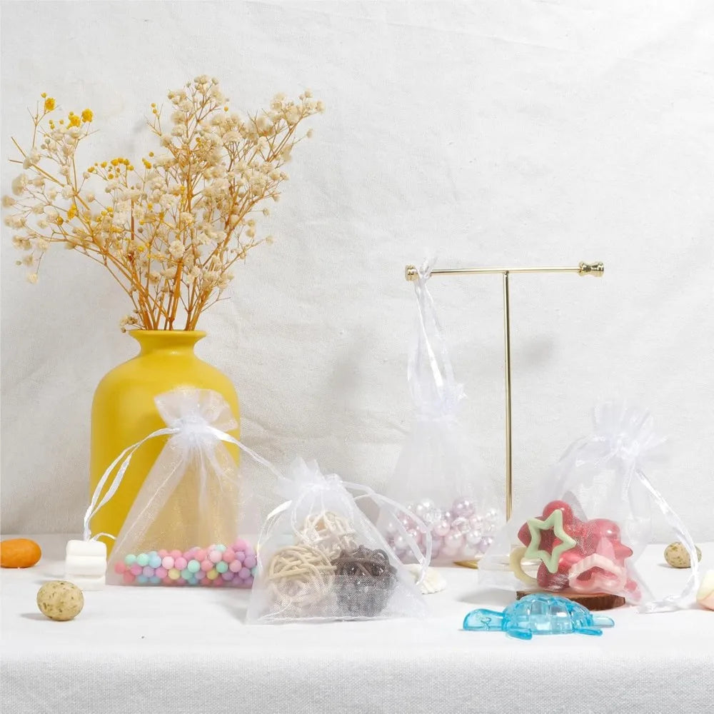 50 Pcs White Sheer Organza Gift Bags with Drawstring
