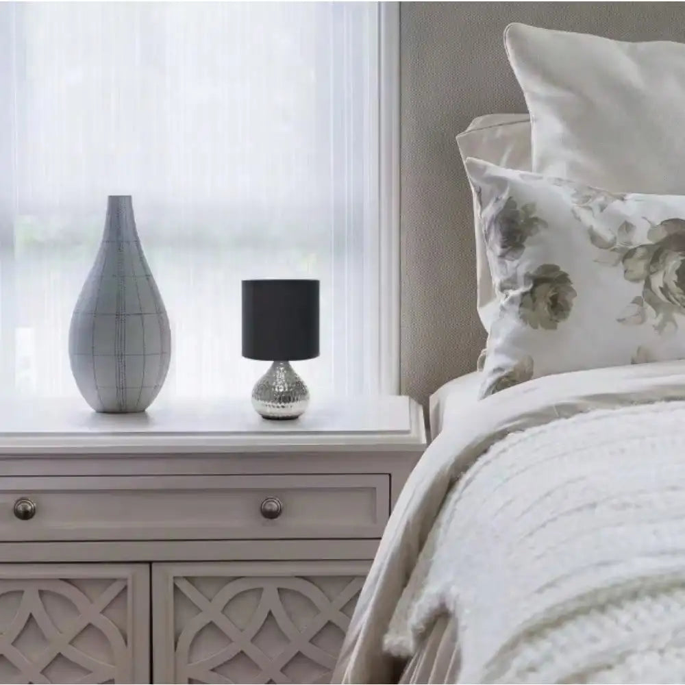 Silver & Black Hammered Drip Mini Table Lamp – 9.25" Bedside/Bedroom Accent Light